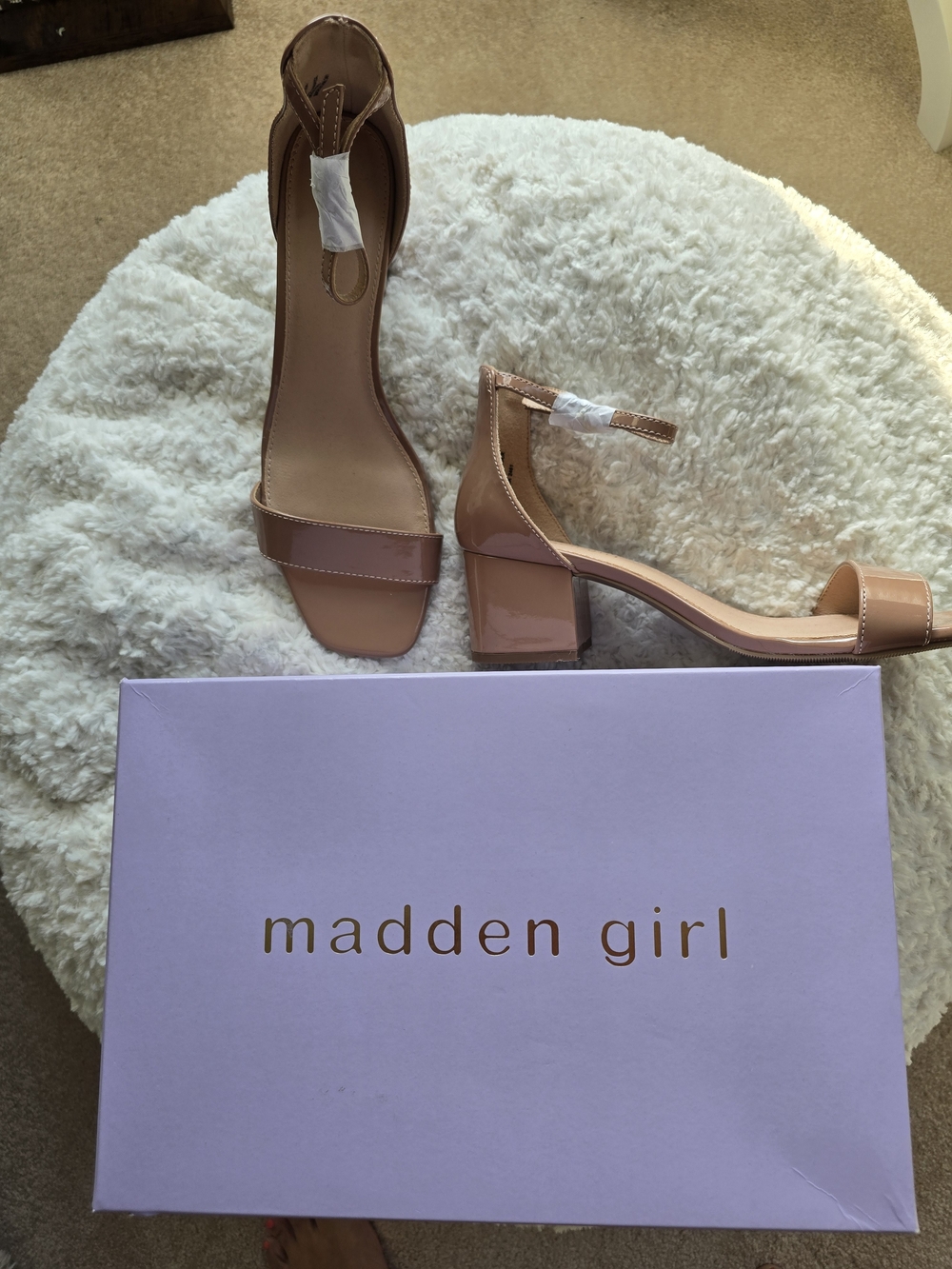 Madden Girl Patent Nude Block Heel Sandals with Ankle Strap